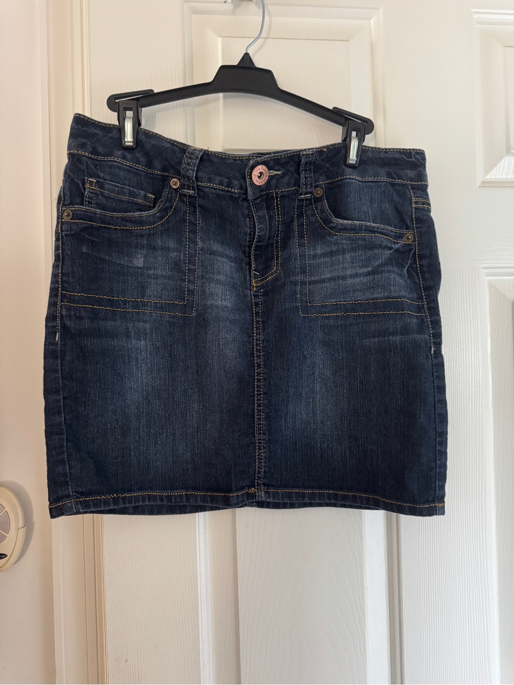 Dark Blue Denim Mini Skirt - Casual Front Pocket Style